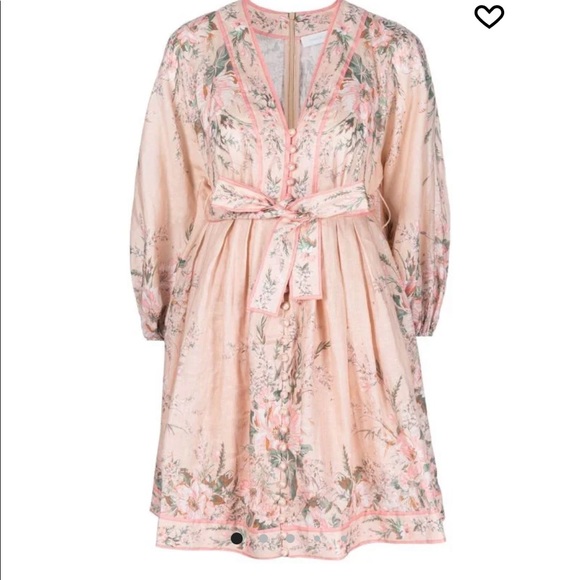 Zimmermann Dresses & Skirts - Pink puff sleeve floral print dress with waist tie